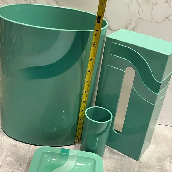 Vintage seafoam teal plastic bathroom accessories waste bin cup soap dish tissue - Picture 15 of 16